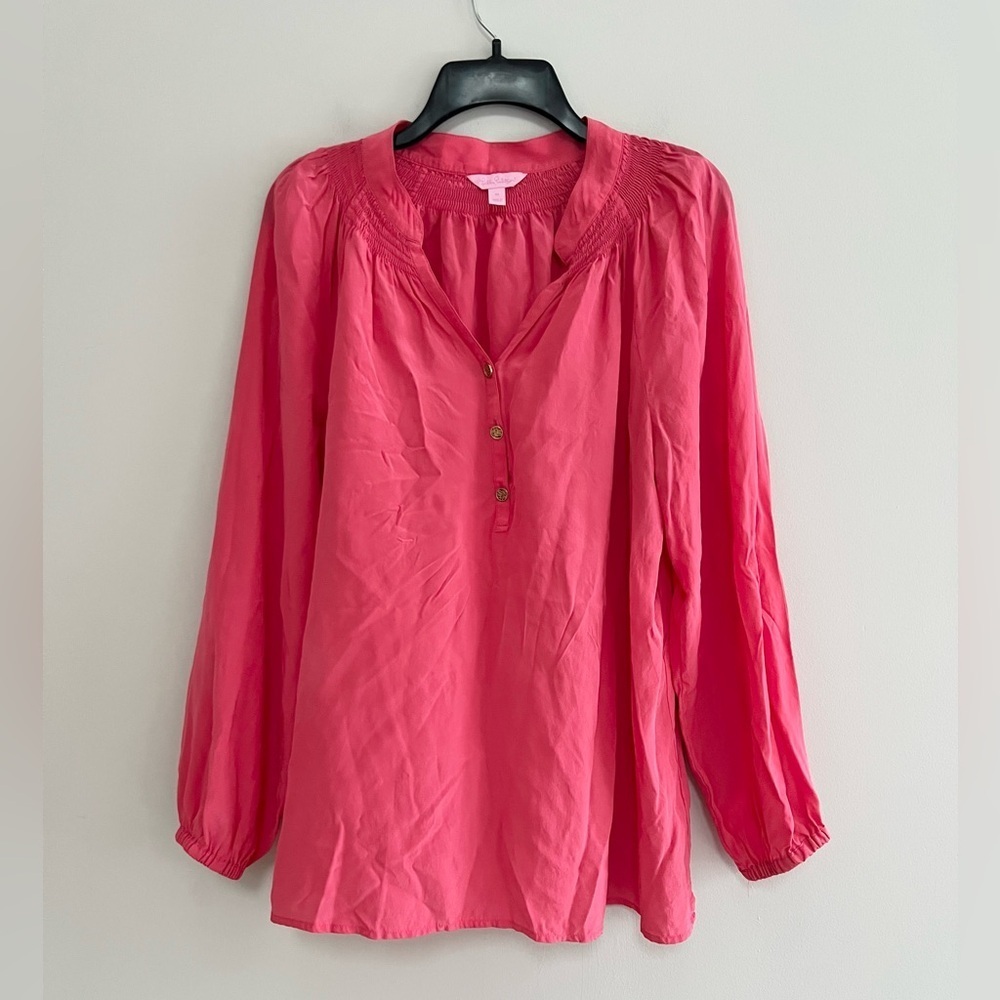 Lilly Pulitzer Elsa 100% Silk Long Sleeved Blouse Top in Parigi Pink, size M - Picture 2 of 10